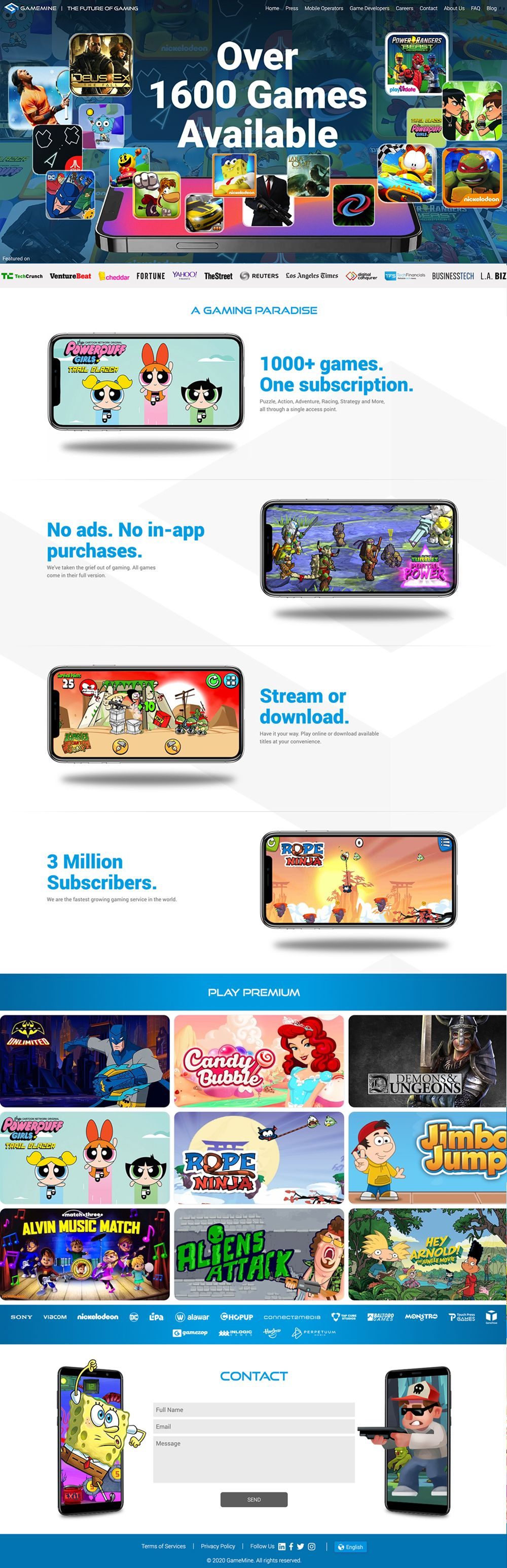 The rebuilt GameMine homepage later in 2020: an Over 1600 Games Available hero surrounded by game tiles, a press strip with TechCrunch, VentureBeat, Fortune, Yahoo, Reuters and Los Angeles Times, sections for 1000+ games one subscription, no ads no in-app purchases, stream or download and three million subscribers, a Play Premium game grid, and partner logos including Sony, Viacom, Nickelodeon and DC.