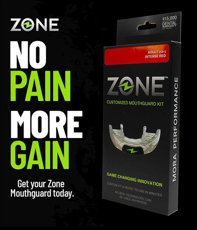 Zone Mouthguard social ad: the headline No Pain More Gain in white and green beside the product box.