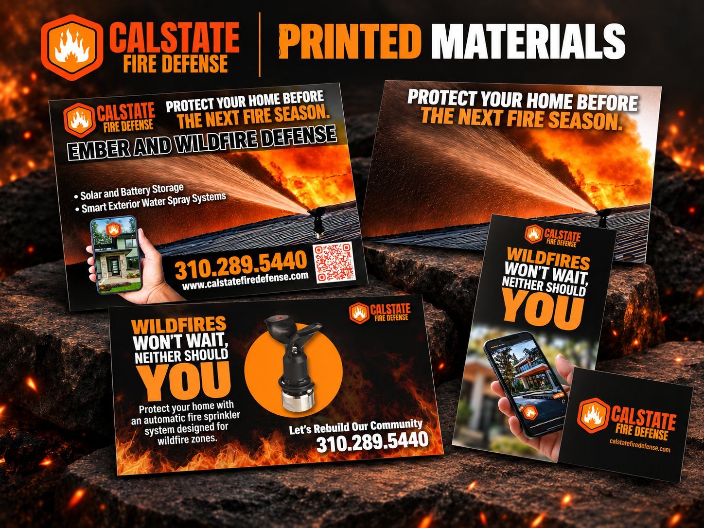 Printed materials for CalState Fire Defense: a mailer reading Protect Your Home Before The Next Fire Season, a postcard reading Wildfires Won't Wait, Neither Should You, a poster, and a business card, all on a dark ember background.