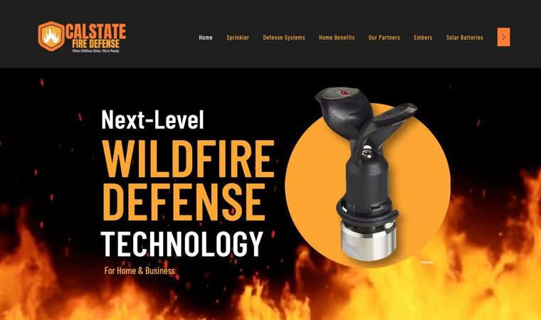 The CalState Fire Defense homepage: an orange and black hero over a fire sprinkler product shot.