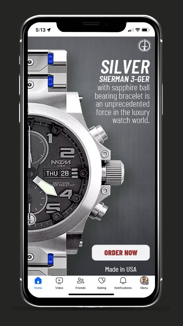 MTM Watches sponsored Facebook post showing the Silver Sherman chronograph with an Order Now button.