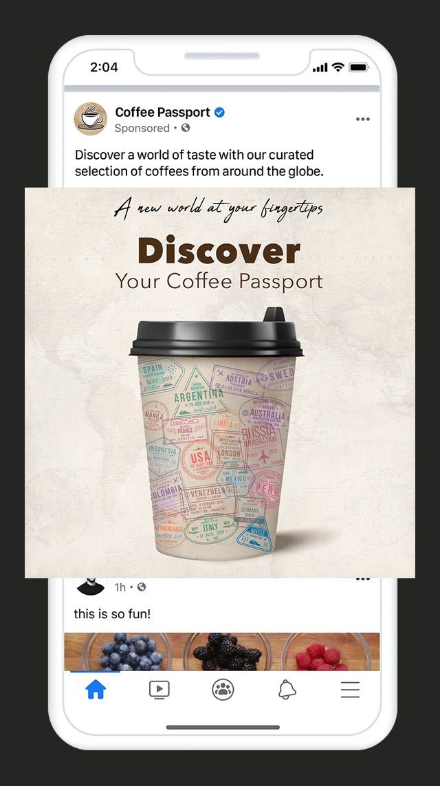 Coffee Passport sponsored Facebook post: a takeaway cup covered in passport stamps.