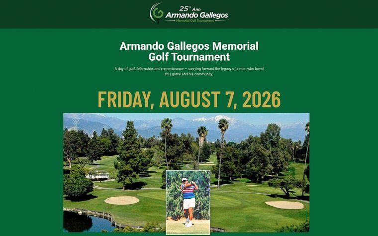 The Armando Gallegos Memorial Golf Tournament homepage, green with the tournament date and a course photograph.