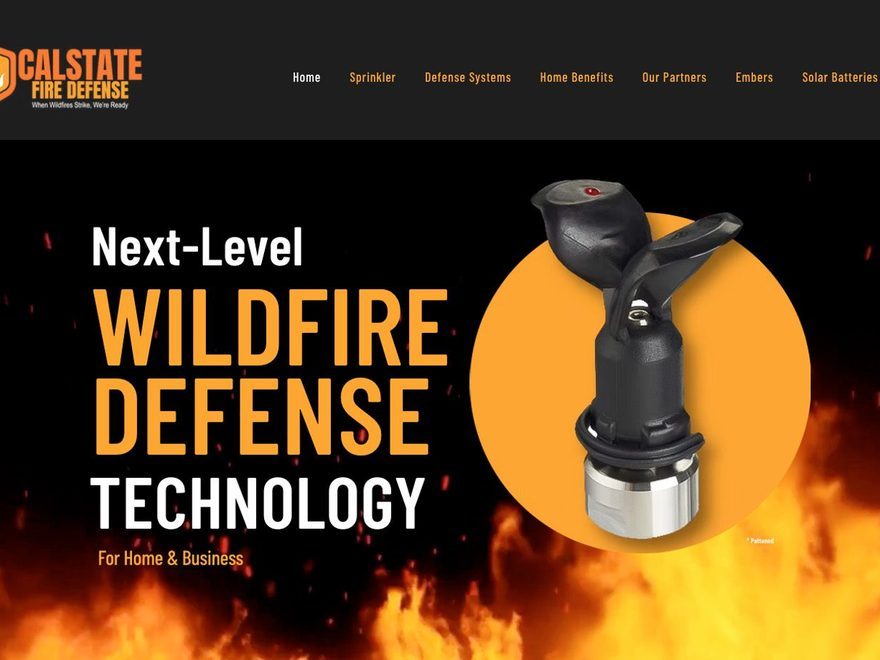 The CalState Fire Defense homepage: an orange and black hero reading Next-Level Wildfire Defense Technology, over fire, beside the sprinkler head.