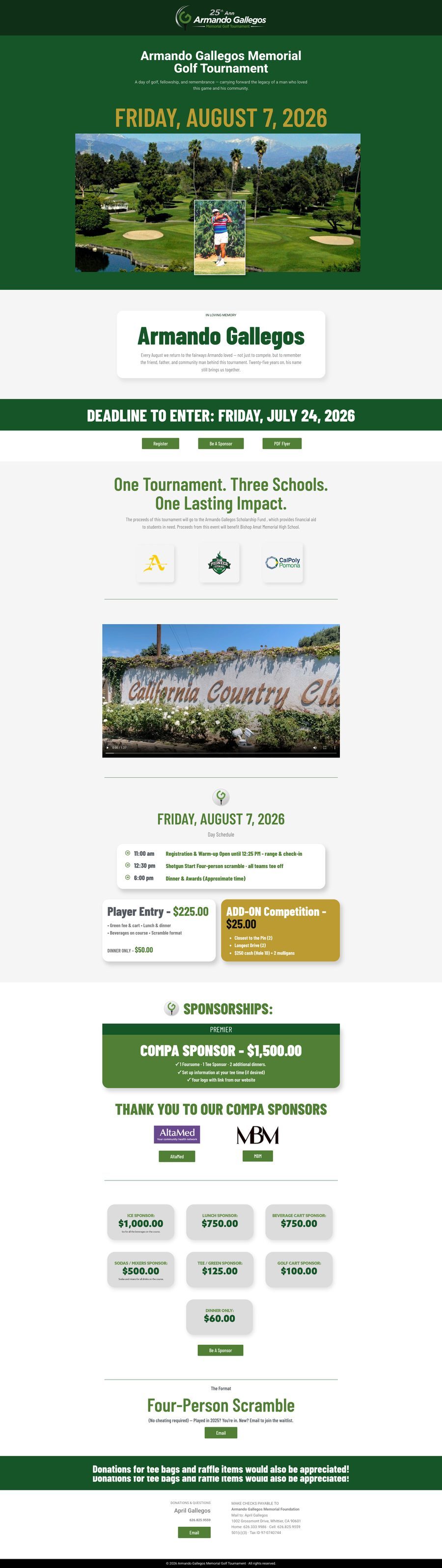 The full Gallegos Foundation homepage: tournament details, registration, sponsorship levels, event information and foundation background.