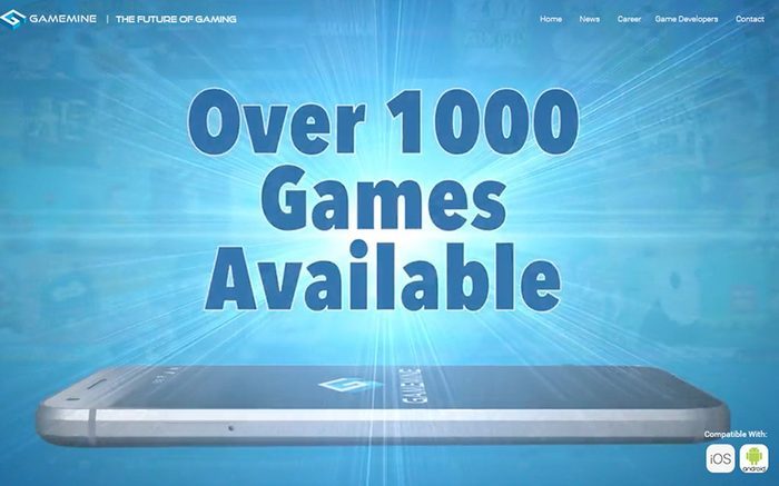 The rebuilt GameMine homepage: a bright blue hero surrounded by mobile game tiles.