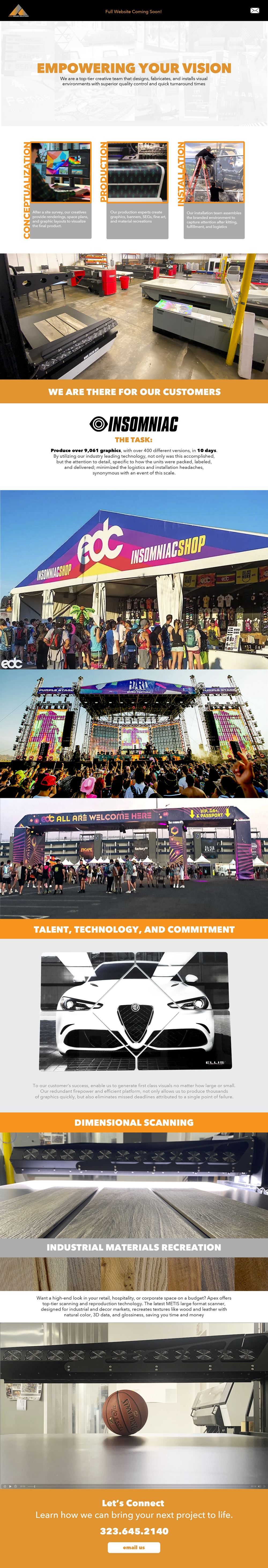 The full Apex Brand Solutions landing page: the Empowering Your Vision hero, three stages for conceptualization, production and installation, a shop floor photograph, the Insomniac EDC job with its numbers, festival installation photography, and sections on talent, technology and commitment.