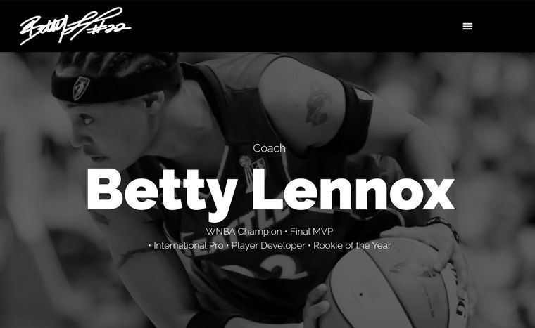 The blennox22.com homepage: a black and white action photograph of Coach Betty Lennox with a basketball.