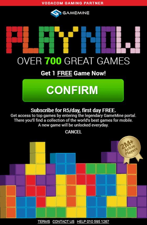 A black GameMine Facebook ad: the words Play Now built from coloured puzzle blocks, over 700 great games, Get 1 free game now, a green Confirm button, and a wall of stacked blocks below.