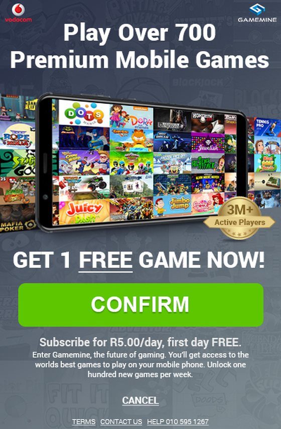 A GameMine Facebook ad: Play over 700 premium mobile games above a phone filled with a grid of game tiles, a 3M active players badge, Get 1 free game now, and a green Confirm button.