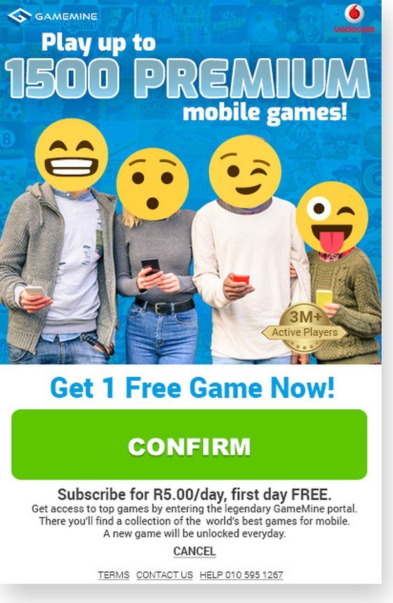 A GameMine Facebook ad: four people holding phones with emoji faces, under the headline Play up to 1500 premium mobile games, a 3M active players badge, Get 1 Free Game Now, a green Confirm button, and the price line R5.00 a day with the first day free.
