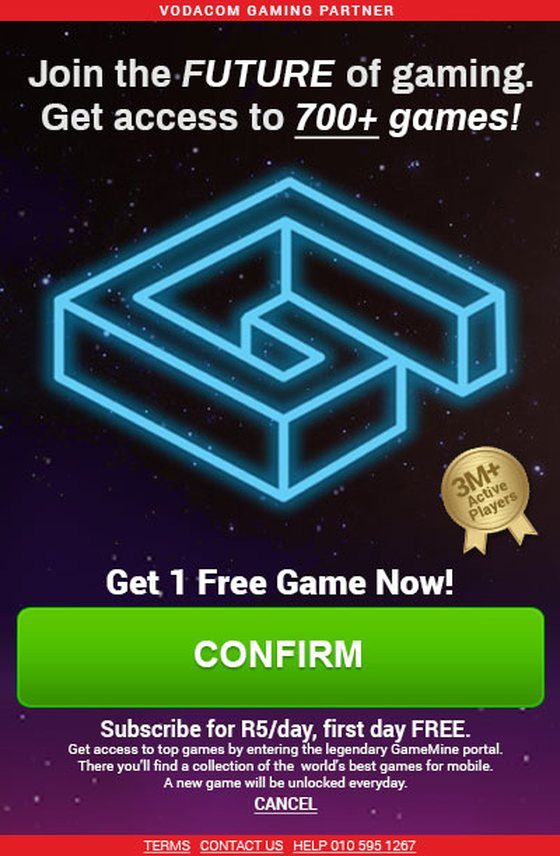 A dark GameMine Facebook ad on a starfield: Join the future of gaming, get access to 700 plus games, above a neon blue impossible-cube G logo, a 3M active players badge, and a green Confirm button.
