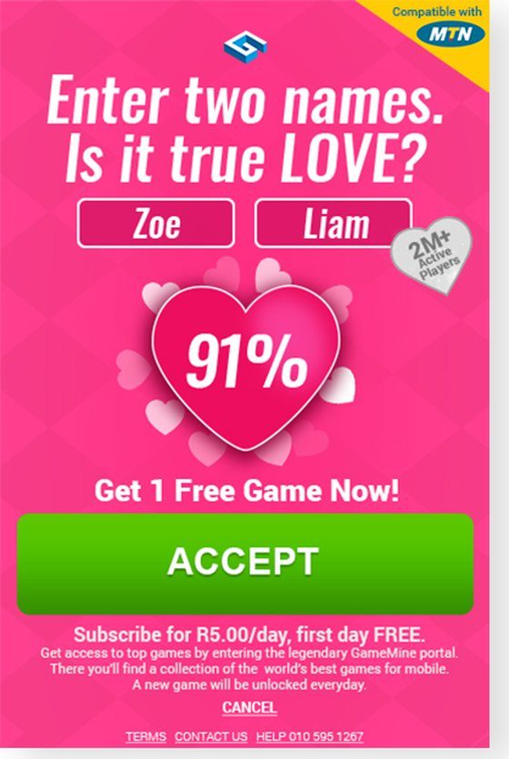A pink GameMine Facebook ad: Enter two names, is it true love, with the names Zoe and Liam in two fields and a heart reading 91 percent, a 2M active players badge, Get 1 Free Game Now, and a green Accept button.