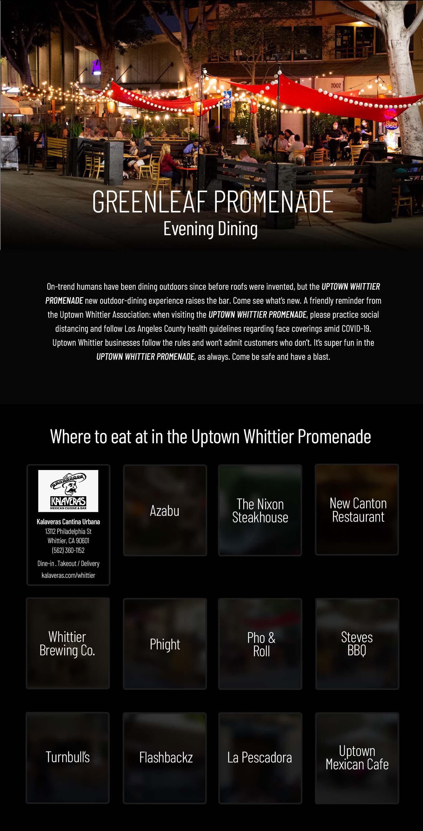 The Greenleaf Promenade evening dining page: a photograph of outdoor dining under string lights, an introduction, and a grid of restaurants including Kalaveras, Azabu, The Nixon Steakhouse and Whittier Brewing Co.