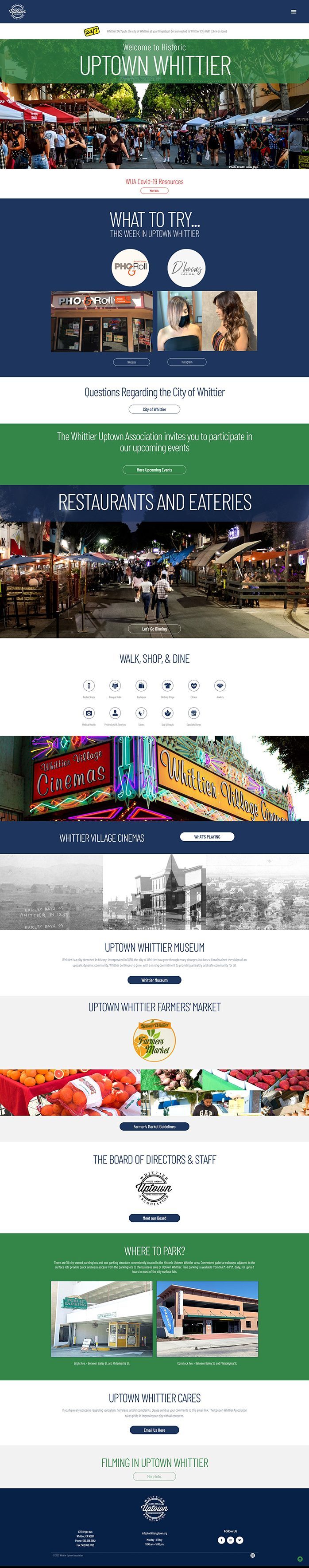 The full 2023 homepage, showing sections for what to try this week, upcoming events, restaurants and eateries, walk shop and dine, Whittier Village Cinemas, the Uptown Whittier Museum, the Farmers Market, the board of directors, parking, and filming in Uptown.