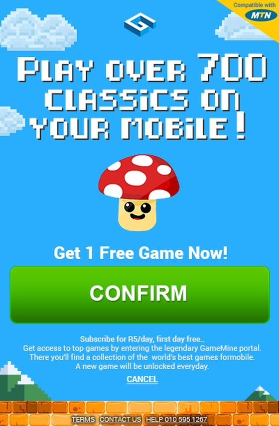 A GameMine Facebook ad drawn as a side-scrolling platform level: pixel clouds, a brick floor and a mushroom character, under the headline Play over 700 classics on your mobile, with a green Confirm button.