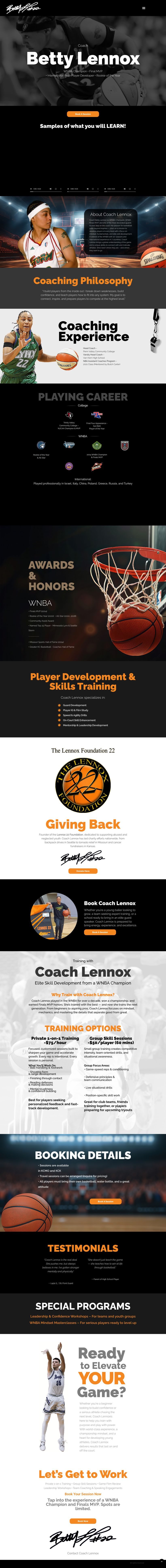 The full blennox22.com homepage: coaching video samples, an about section, coaching philosophy, career honours, player development and skills training, the Lennox Foundation 22, booking, training options with rates, and booking details.