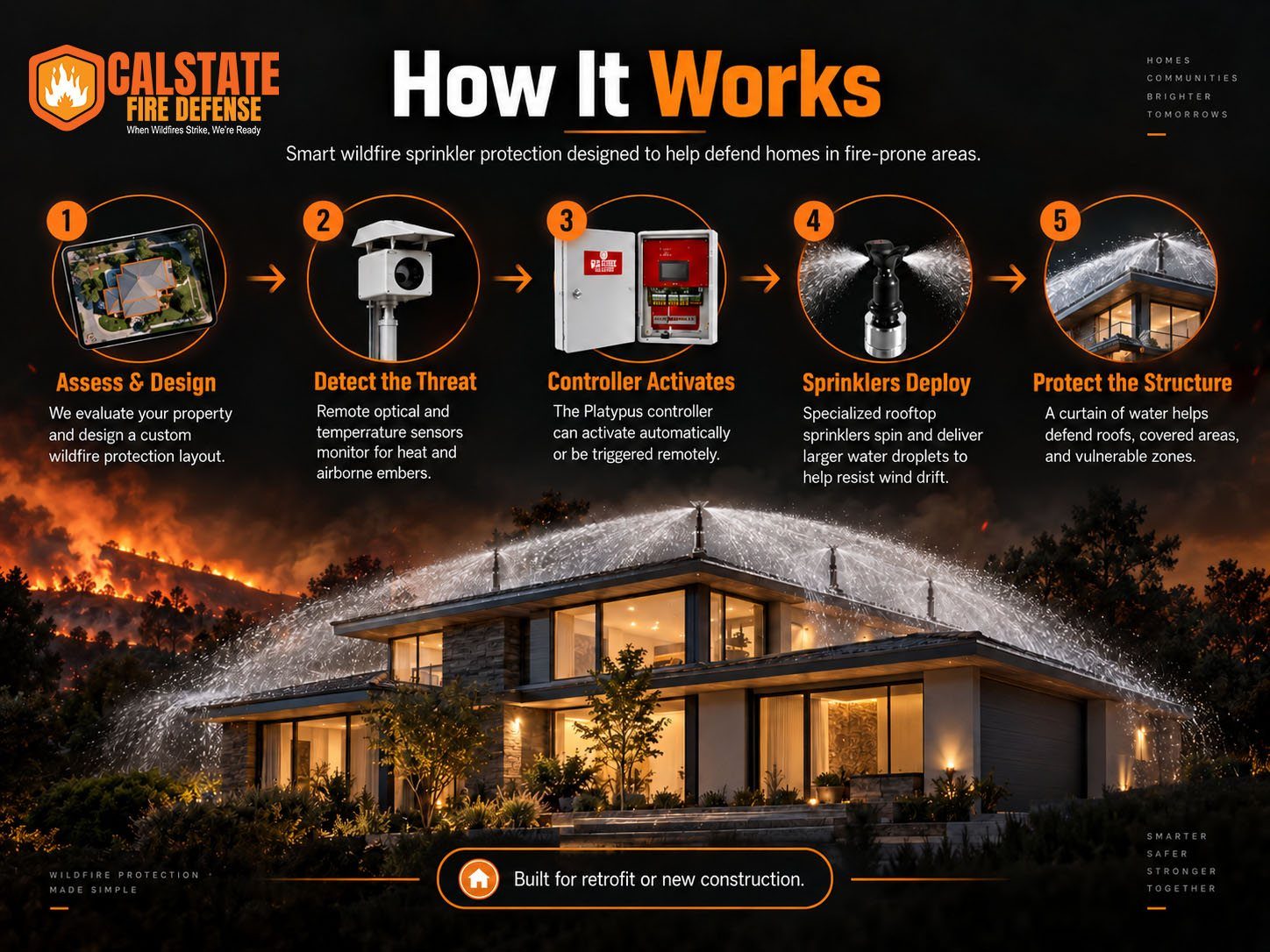 How It Works: a five step diagram running from Assess and Design, to Detect the Threat, Controller Activates, Sprinklers Deploy, and Protect the Structure, above a house with rooftop sprinklers running against a wildfire.