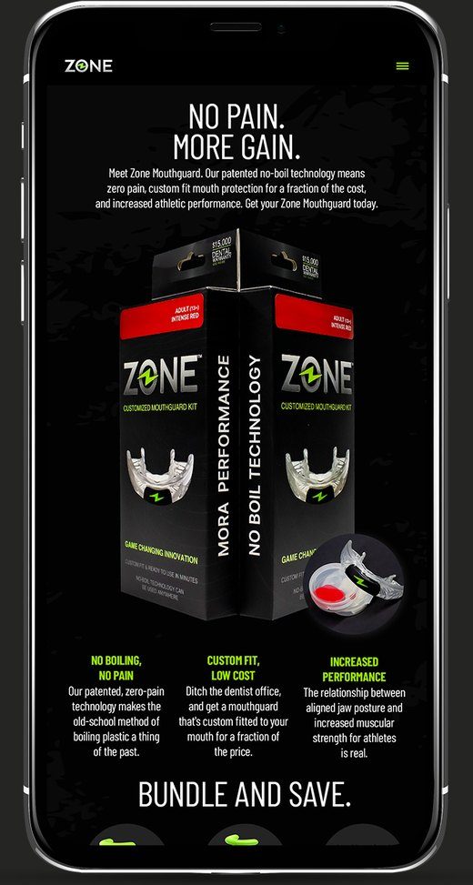 The Zone Mouthguard mobile landing page, repeating the No Pain More Gain headline above the product and three reasons to buy.
