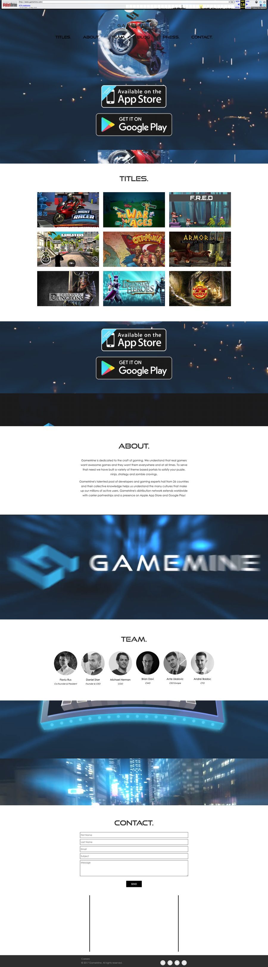 The 2017 GameMine site, captured from a web archive: a dark blue motorcycle game background, app store badges, and a navigation of Titles, About, Team, Blog, Press and Contact, with a grid of game thumbnails and a team page below.