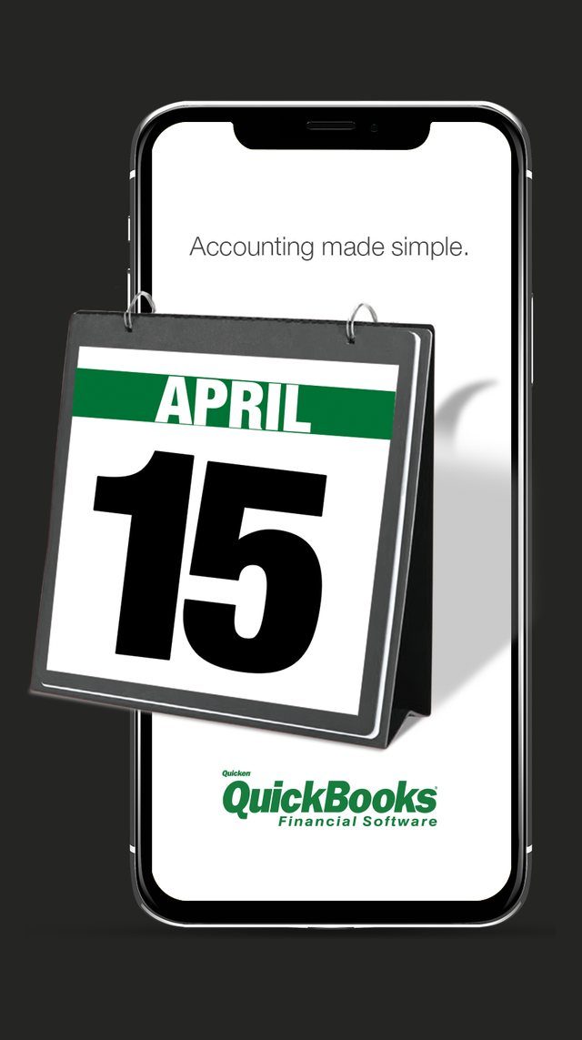 QuickBooks campaign creative: a desk calendar showing April 15 above the line Accounting made simple.