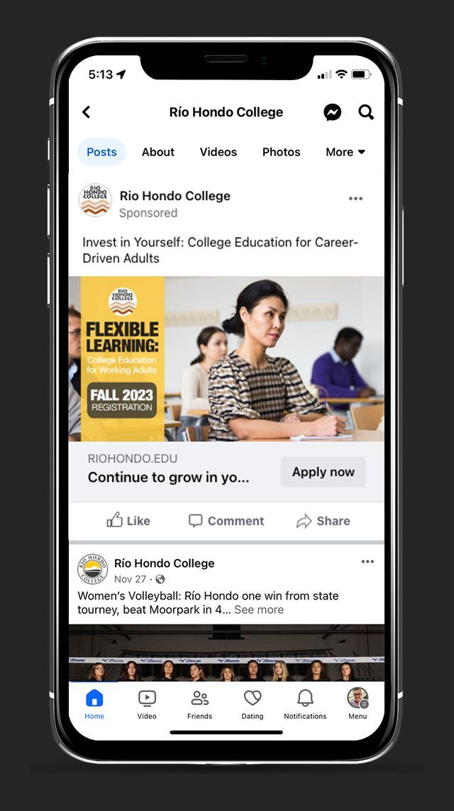 Rio Hondo College sponsored Facebook post promoting flexible learning and Fall registration for working adults.