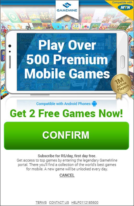 A GameMine Facebook ad: a white phone over a wall of game art, Play over 500 premium mobile games, a 1M active players badge, Get 2 free games now, and a green Confirm button.