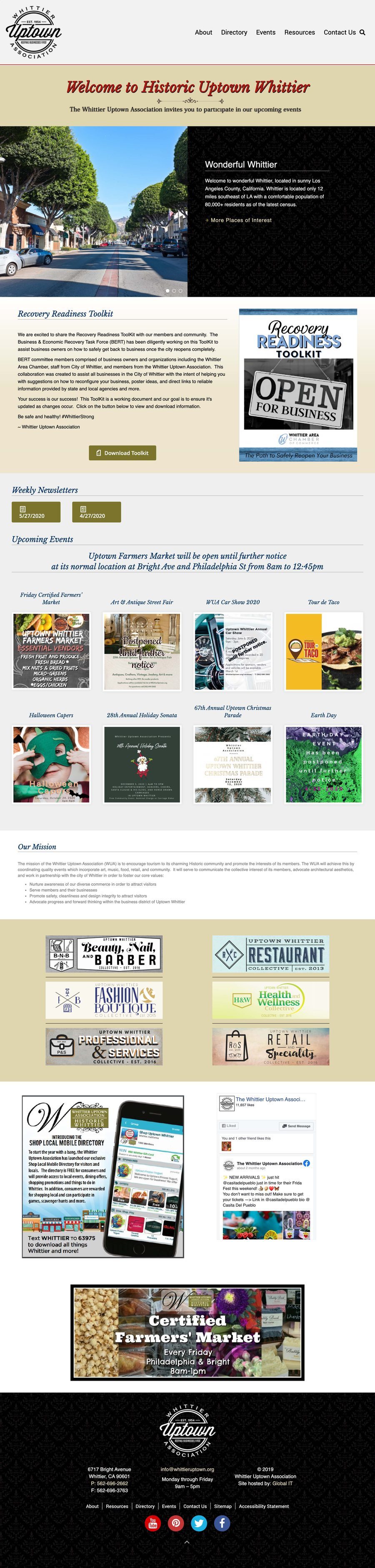 The 2020 Whittier Uptown Association homepage: a cream and navy layout led by a Recovery Readiness Toolkit, weekly newsletters, and a grid of upcoming events, several marked postponed, with the mission statement, business collectives and Farmers Market further down.