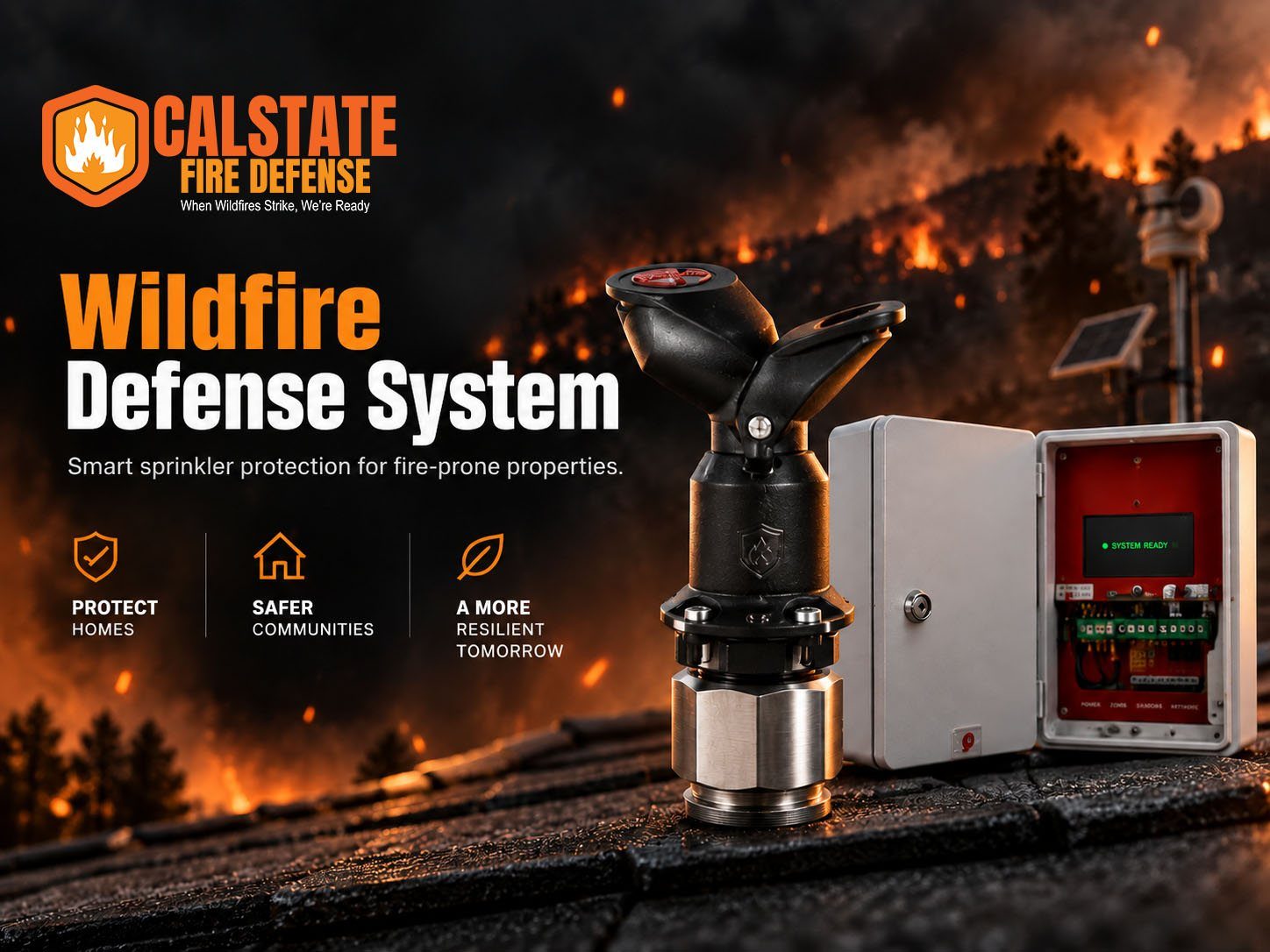 The Wildfire Defense System product page: the CalState logo with the line When Wildfires Strike, We're Ready, a headline reading Wildfire Defense System, three benefit marks for protecting homes, safer communities and a more resilient tomorrow, beside a photograph of the sprinkler head and controller on a roof against a wildfire.