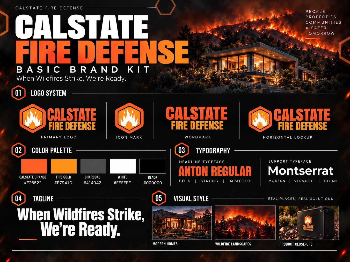 The CalState Fire Defense basic brand kit: logo system showing the primary logo, icon mark, wordmark and horizontal lockup; a five color palette with hex values; headline and support typefaces; the tagline When Wildfires Strike, We're Ready; and a visual style section.
